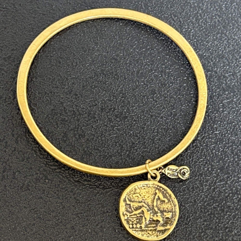 Rosa Flores Chic Gold Tone Bangle Bracelet with Coin Charm
